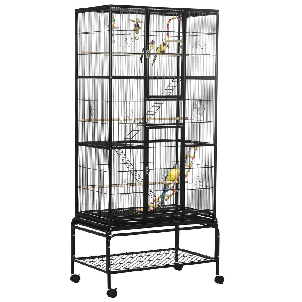 Pawhut jaula para pájaros con ruedas 83x53x180 cm pajarera metálica de 3 niveles con 3 perchas comederos juguetes rampas y estante de almacenamiento para canarios periquitos negro