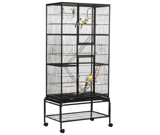 Pawhut jaula para pájaros con ruedas 83x53x180 cm pajarera metálica de 3 niveles con 3 perchas comederos juguetes rampas y estante de almacenamiento para canarios periquitos negro