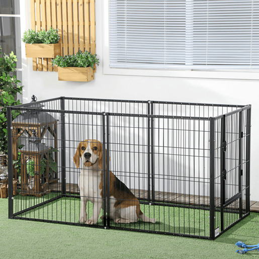 PawHut Parque para Cães de 6 Painéis Gaiola de Metal para Animais de Estimação com Largura Ajustável e Estrutura de Aço 82,5-150x79x81 cm Preto