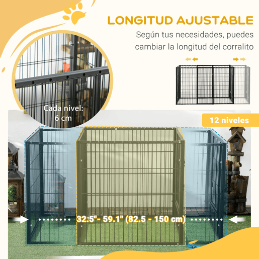 PawHut Parque para Cães de 6 Painéis Gaiola de Metal para Animais de Estimação com Largura Ajustável e Estrutura de Aço 82,5-150x79x81 cm Preto