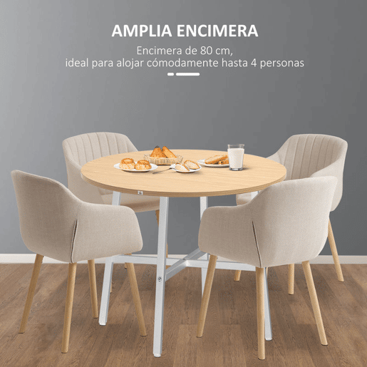 HOMCOM Mesa de Sala de Jantar Redonda para 4 Pessoas Mesa de Cozinha Moderna com Pés de Aço Ø80x76 cm Madeira e Branco