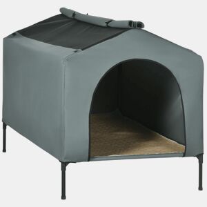 PawHut Casa para Cães com Cobertura Exterior 130x85x95 cm Cama Elevada para Animais de Estimação com Almofada e Janelas de Malha para Cães Grandes Cinza