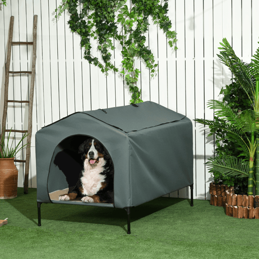 PawHut Casa para Cães com Cobertura Exterior 130x85x95 cm Cama Elevada para Animais de Estimação com Almofada e Janelas de Malha para Cães Grandes Cinza