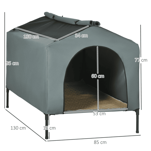PawHut Casa para Cães com Cobertura Exterior 130x85x95 cm Cama Elevada para Animais de Estimação com Almofada e Janelas de Malha para Cães Grandes Cinza