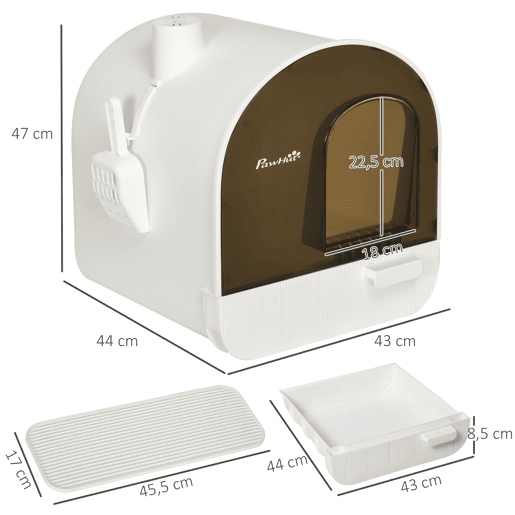 PawHut Caixa de Areia para Gatos Caixa de Areia Fechada para Gatos com Porta Dianteira Bandeja Removível Pá Tapete e Filtro 43x44x47cm Branco