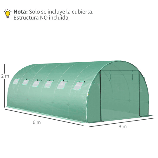 Outsunny Cobertura de Estufa de Túnel 6x3x2m Cobertura de Substituição de Estufa Polietileno com 12 Janelas e Portas Enroláveis Proteção de Plantas para Jardim Verde