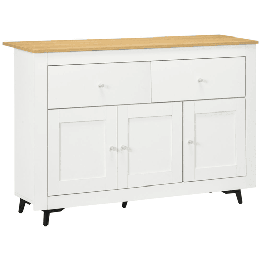 HOMCOM Aparador de Cozinha Móvel Auxiliar de Cozinha com 2 Gavetas 3 Portas e Prateleira Interior Ajustável Móvel de TV para Televisores de até 50 Polegadas 117x35x80 cm Branco e Madeira
