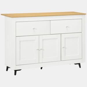 HOMCOM Aparador de Cozinha Móvel Auxiliar de Cozinha com 2 Gavetas 3 Portas e Prateleira Interior Ajustável Móvel de TV para Televisores de até 50 Polegadas 117x35x80 cm Branco e Madeira