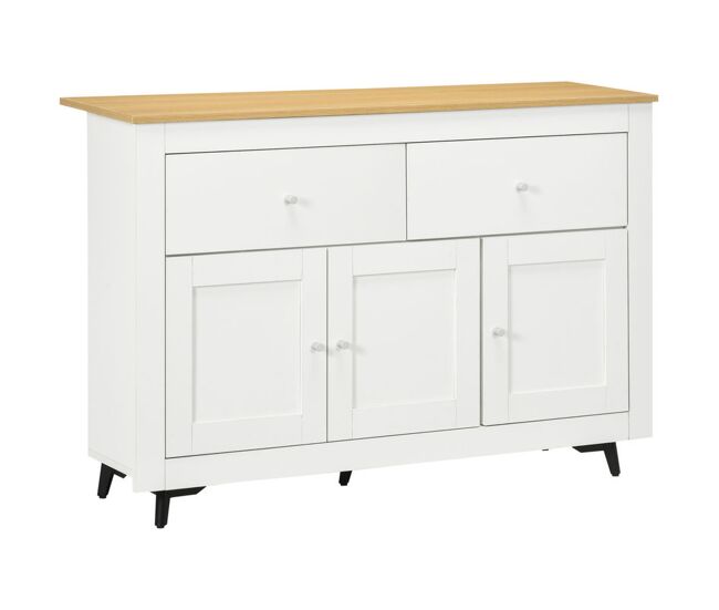 Homcom aparador de cocina mueble auxiliar de cocina mueble de tv con 2 cajones 3 puertas y estante ajustable para comedor salón 117x35x80 cm blanco