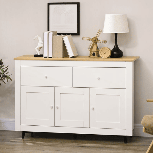 HOMCOM Aparador de Cozinha Móvel Auxiliar de Cozinha com 2 Gavetas 3 Portas e Prateleira Interior Ajustável Móvel de TV para Televisores de até 50 Polegadas 117x35x80 cm Branco e Madeira