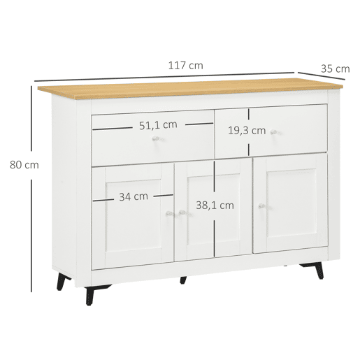 HOMCOM Aparador de Cozinha Móvel Auxiliar de Cozinha com 2 Gavetas 3 Portas e Prateleira Interior Ajustável Móvel de TV para Televisores de até 50 Polegadas 117x35x80 cm Branco e Madeira