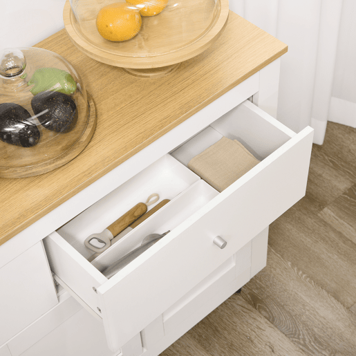 HOMCOM Aparador de Cozinha Móvel Auxiliar de Cozinha com 2 Gavetas 3 Portas e Prateleira Interior Ajustável Móvel de TV para Televisores de até 50 Polegadas 117x35x80 cm Branco e Madeira