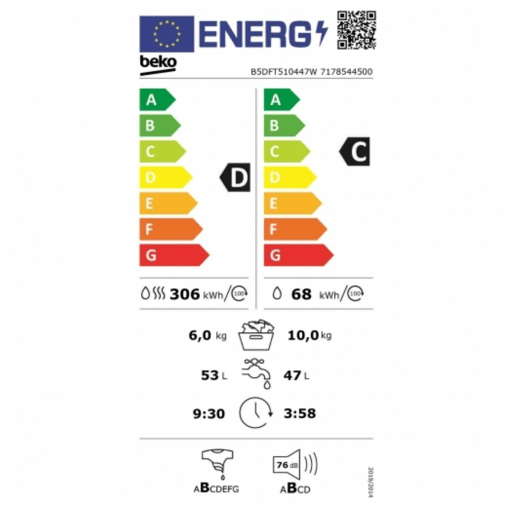 Máquina de lavar e secar BEKO B5DFT510447W 10kg  6kg Branco 1400 rpm