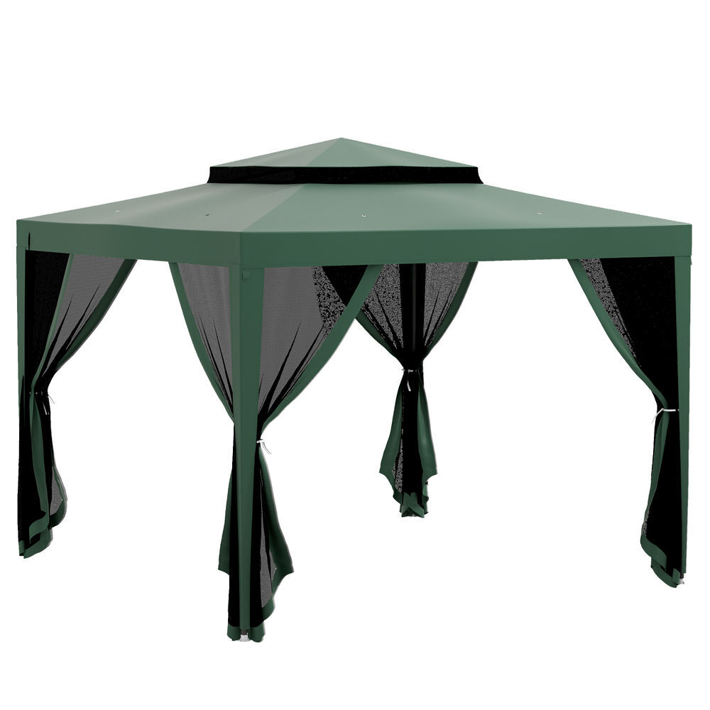 Outsunny carpa de jardín 3x3 m cenador desmontable de exterior gazebo con 4 mosquiteras laterales techo doble y marco metálico anti-uv impermeable pabellón para terraza patio verde