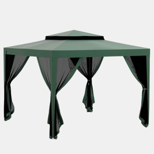 Outsunny Pérgola de Jardim 297x297cm Pérgola com 4 Mosquiteiras Teto Duplo 8 Orifícios de Drenagem e Estrutura de Metal para Pátio Exterior Verde