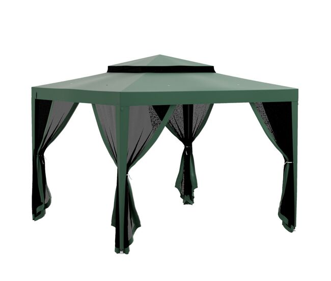 Outsunny carpa de jardín 3x3 m cenador desmontable de exterior gazebo con 4 mosquiteras laterales techo doble y marco metálico anti-uv impermeable pabellón para terraza patio verde