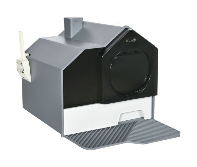 Pawhut arenero cubierto para gatos caja de arena cerrada para gatos con bandeja extraíble pala pedal exterior y filtro desodorizante 47x45x42 cm gris