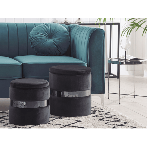 Conjunto de 2 tamboretes com arrumação DORIS Veludo Preto 3530 cm 3530 cm 4436 cm