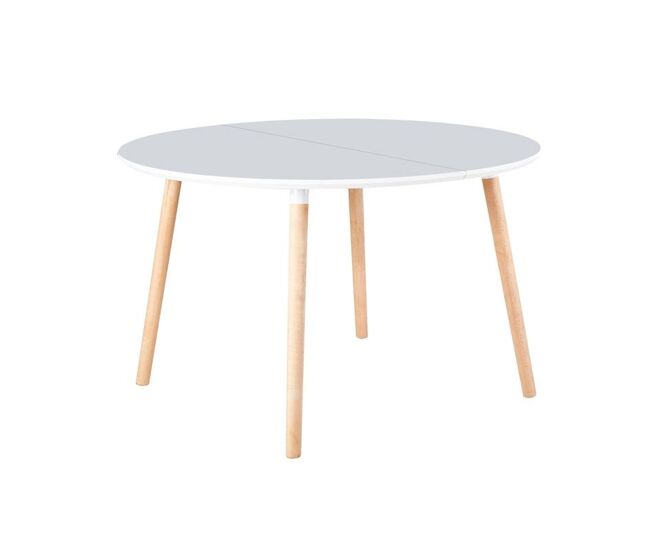 Mesa de comedor redonda extensible con estilo nórdico en blanco y madera de haya 100-180x100 Nordika Blanco - Madera de haya 100– 140– 180 x 75 x 100