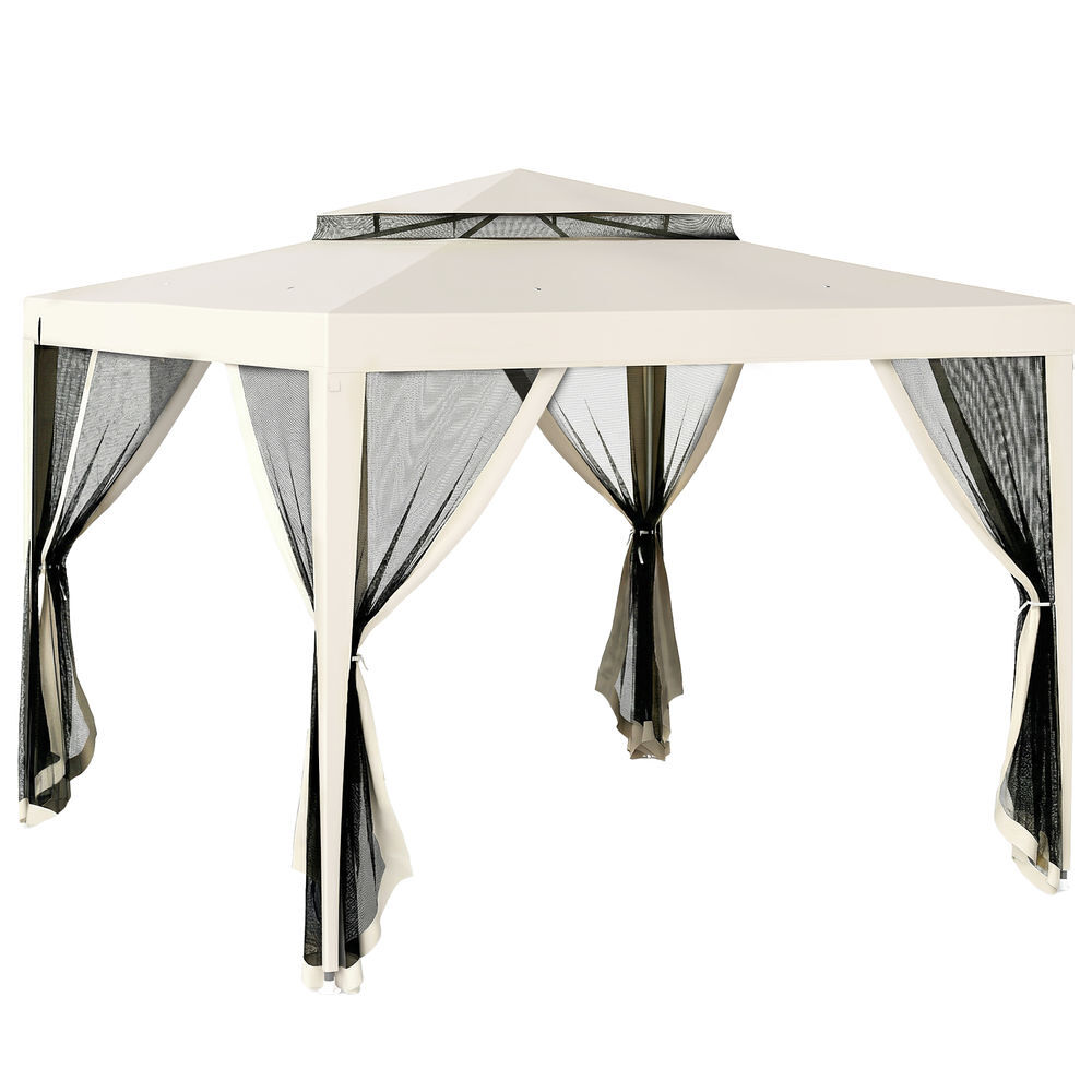 Outsunny carpa de jardín 3x3 m cenador desmontable de exterior gazebo con 4 mosquiteras laterales techo doble y marco metálico anti-uv impermeable pabellón para terraza patio crema
