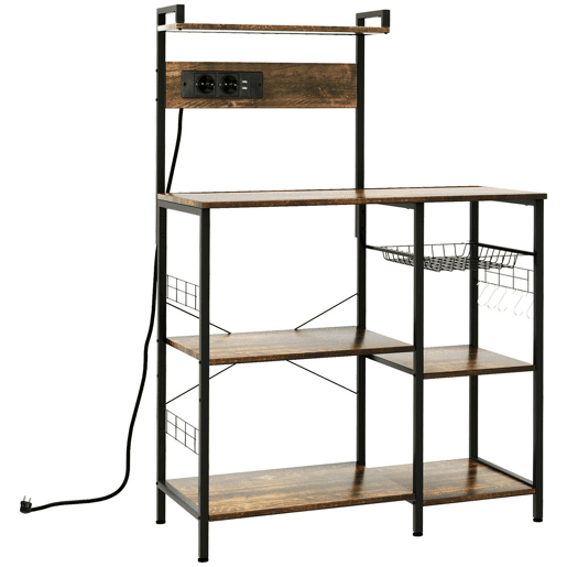 HOMCOM Estante de Cozinha Industrial com Tomada Elétrica, 2 Portas USB, Prateleiras Ajustáveis, Ganchos e Cesto Metálico 90x42x130 cm Castanho Rústico