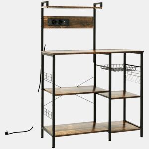 HOMCOM Estante de Cozinha Industrial com Tomada Elétrica, 2 Portas USB, Prateleiras Ajustáveis, Ganchos e Cesto Metálico 90x42x130 cm Castanho Rústico