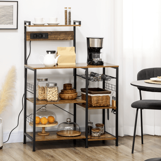 HOMCOM Estante de Cozinha Industrial com Tomada Elétrica, 2 Portas USB, Prateleiras Ajustáveis, Ganchos e Cesto Metálico 90x42x130 cm Castanho Rústico