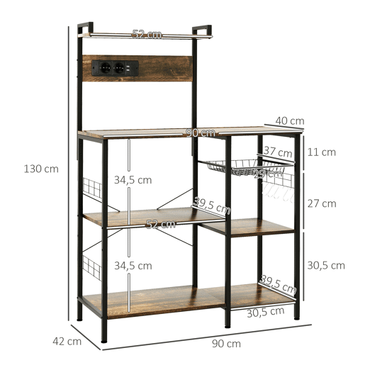 HOMCOM Estante de Cozinha Industrial com Tomada Elétrica, 2 Portas USB, Prateleiras Ajustáveis, Ganchos e Cesto Metálico 90x42x130 cm Castanho Rústico
