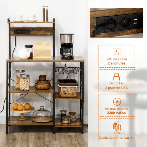 HOMCOM Estante de Cozinha Industrial com Tomada Elétrica, 2 Portas USB, Prateleiras Ajustáveis, Ganchos e Cesto Metálico 90x42x130 cm Castanho Rústico