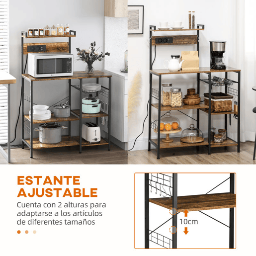 HOMCOM Estante de Cozinha Industrial com Tomada Elétrica, 2 Portas USB, Prateleiras Ajustáveis, Ganchos e Cesto Metálico 90x42x130 cm Castanho Rústico