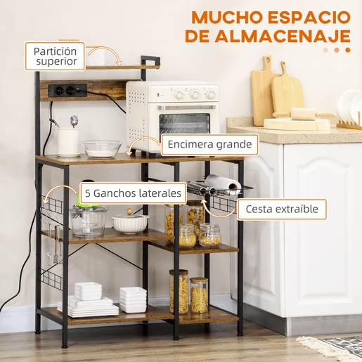 HOMCOM Estante de Cozinha Industrial com Tomada Elétrica, 2 Portas USB, Prateleiras Ajustáveis, Ganchos e Cesto Metálico 90x42x130 cm Castanho Rústico