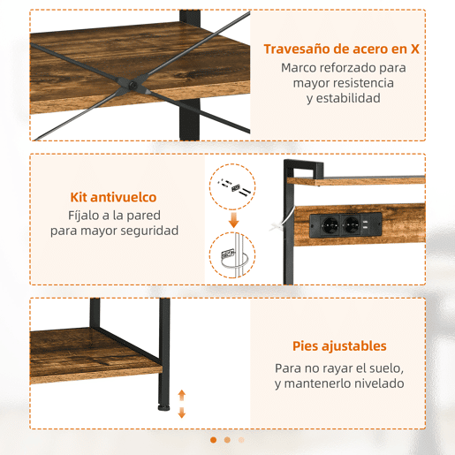 HOMCOM Estante de Cozinha Industrial com Tomada Elétrica, 2 Portas USB, Prateleiras Ajustáveis, Ganchos e Cesto Metálico 90x42x130 cm Castanho Rústico