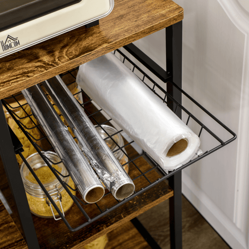 HOMCOM Estante de Cozinha Industrial com Tomada Elétrica, 2 Portas USB, Prateleiras Ajustáveis, Ganchos e Cesto Metálico 90x42x130 cm Castanho Rústico