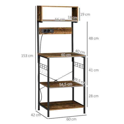 HOMCOM Estante de Cozinha Estante para Micro-Ondas Móvel Auxiliar de Cozinha com Ficha 2 Carregadores USB 5 Ganchos e Prateleira Ajustável 60x42x153 cm Marrom Rústico
