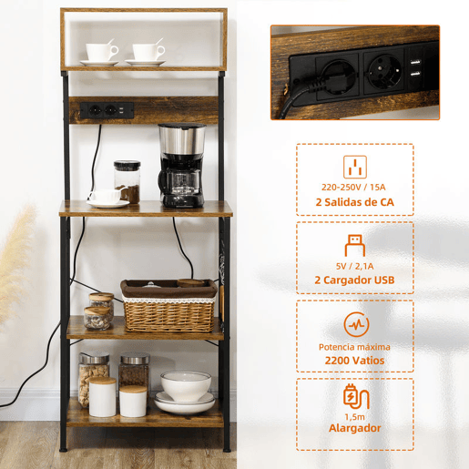 HOMCOM Estante de Cozinha Estante para Micro-Ondas Móvel Auxiliar de Cozinha com Ficha 2 Carregadores USB 5 Ganchos e Prateleira Ajustável 60x42x153 cm Marrom Rústico