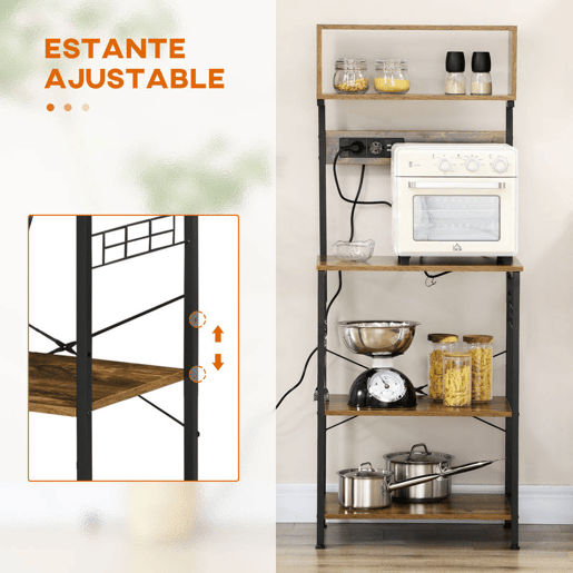 HOMCOM Estante de Cozinha Estante para Micro-Ondas Móvel Auxiliar de Cozinha com Ficha 2 Carregadores USB 5 Ganchos e Prateleira Ajustável 60x42x153 cm Marrom Rústico