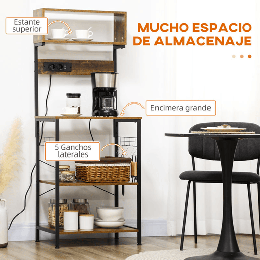HOMCOM Estante de Cozinha Estante para Micro-Ondas Móvel Auxiliar de Cozinha com Ficha 2 Carregadores USB 5 Ganchos e Prateleira Ajustável 60x42x153 cm Marrom Rústico