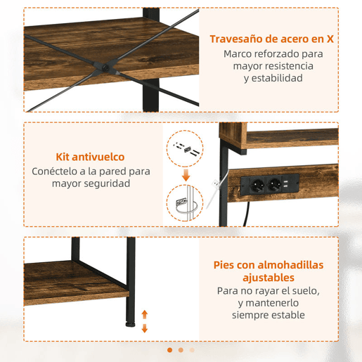 HOMCOM Estante de Cozinha Estante para Micro-Ondas Móvel Auxiliar de Cozinha com Ficha 2 Carregadores USB 5 Ganchos e Prateleira Ajustável 60x42x153 cm Marrom Rústico