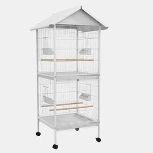 PawHut Gaiola para Pássaros 2 em 1 Gaiola de 2 Andares com Rodas 4 Comedouros 4 Poleiros e Bandejas Amovíveis para Canários Periquitos 78x75x168 cm Branco