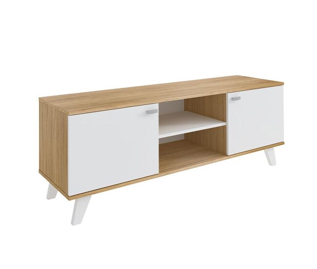 Mueble TV Roble y Blanco QUIATUR 2 puertas y 2 estantes MDF Patas Blancas 140x40x51 cm