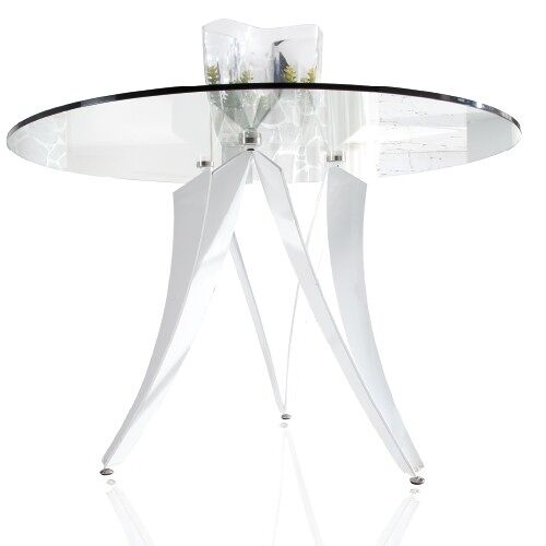 Mesa de Comedor Circular - Modelo TESLA - Cristal Transparente - Estructura Metal Blanco Brillo MEDIDAS Ø 120 X 76H CM