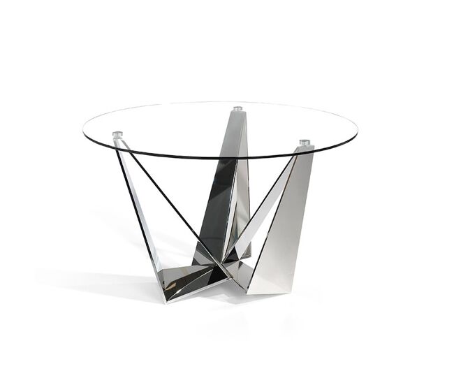 Mesa de Comedor Circular - Modelo BON - Sobre Cristal Transparente - Estructura Metal Plata MEDIDAS Ø 130 X 76H CM