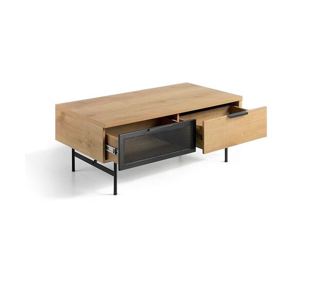 Mesa de Centro Rectangular MDF - Modelo BRADLEY - 1 Cajón y 1 Estante - Patas Metal Negras 110 x 60 x 43H cm