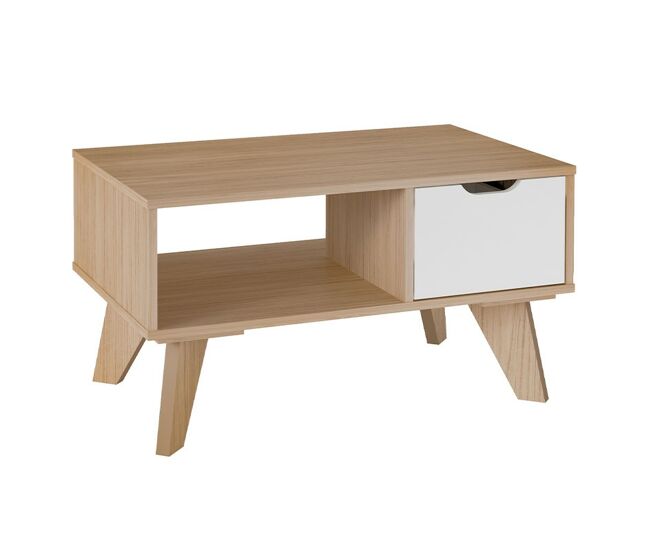 Mesa de Centro Rectangular MDF - Modelo PERVIP - 1 Cajón y 1 Estante - Patas Madera 80 CM X 50 CM X 44 CM