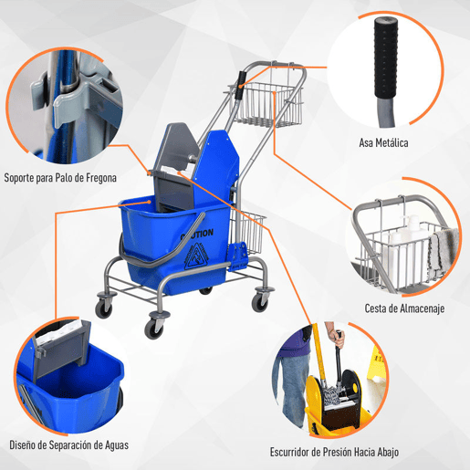 HOMCOM Carro de Limpeza Balde para Esfregona com Escorredor a Pressão Rodas e Cesto de Armazenamento Capacidade 26L 73x45x95 cm Azul HOMCOM Carro de Limpeza Balde para Esfregona com Escorredor a Pressão Rodas e Cesto de Armazenamento Capacidade 26L 73x45x95 cm Azul