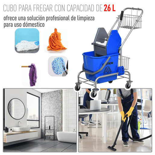 HOMCOM Carro de Limpeza Balde para Esfregona com Escorredor a Pressão Rodas e Cesto de Armazenamento Capacidade 26L 73x45x95 cm Azul HOMCOM Carro de Limpeza Balde para Esfregona com Escorredor a Pressão Rodas e Cesto de Armazenamento Capacidade 26L 73x45x95 cm Azul