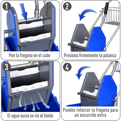 HOMCOM Carro de Limpeza Balde para Esfregona com Escorredor a Pressão Rodas e Cesto de Armazenamento Capacidade 26L 73x45x95 cm Azul HOMCOM Carro de Limpeza Balde para Esfregona com Escorredor a Pressão Rodas e Cesto de Armazenamento Capacidade 26L 73x45x95 cm Azul