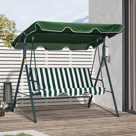 Outsunny Baloiço de Jardim de 3 Lugares com Almofada Toldo Ajustável e Estrutura de Metal para Balcão Terraço Patio Carga Máx. 300kg 172x110x153cm Verde e Branco