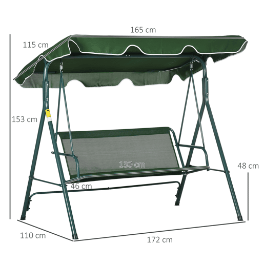 Outsunny Baloiço de Jardim de 3 Lugares com Almofada Toldo Ajustável e Estrutura de Metal para Balcão Terraço Patio Carga Máx. 300kg 172x110x153cm Verde e Branco