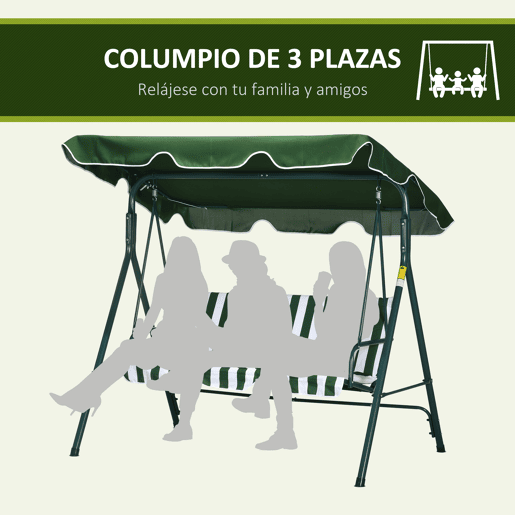 Outsunny Baloiço de Jardim de 3 Lugares com Almofada Toldo Ajustável e Estrutura de Metal para Balcão Terraço Patio Carga Máx. 300kg 172x110x153cm Verde e Branco
